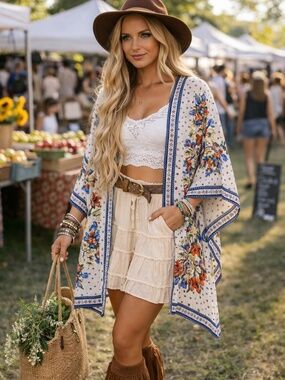 Max Studio London Floral Kimono Cardigan Boho Duster Open Front Lightweight L